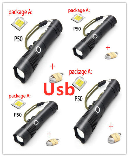 Linterna aluminio resistente al agua Led Zoom telescópico P50 con carga USB